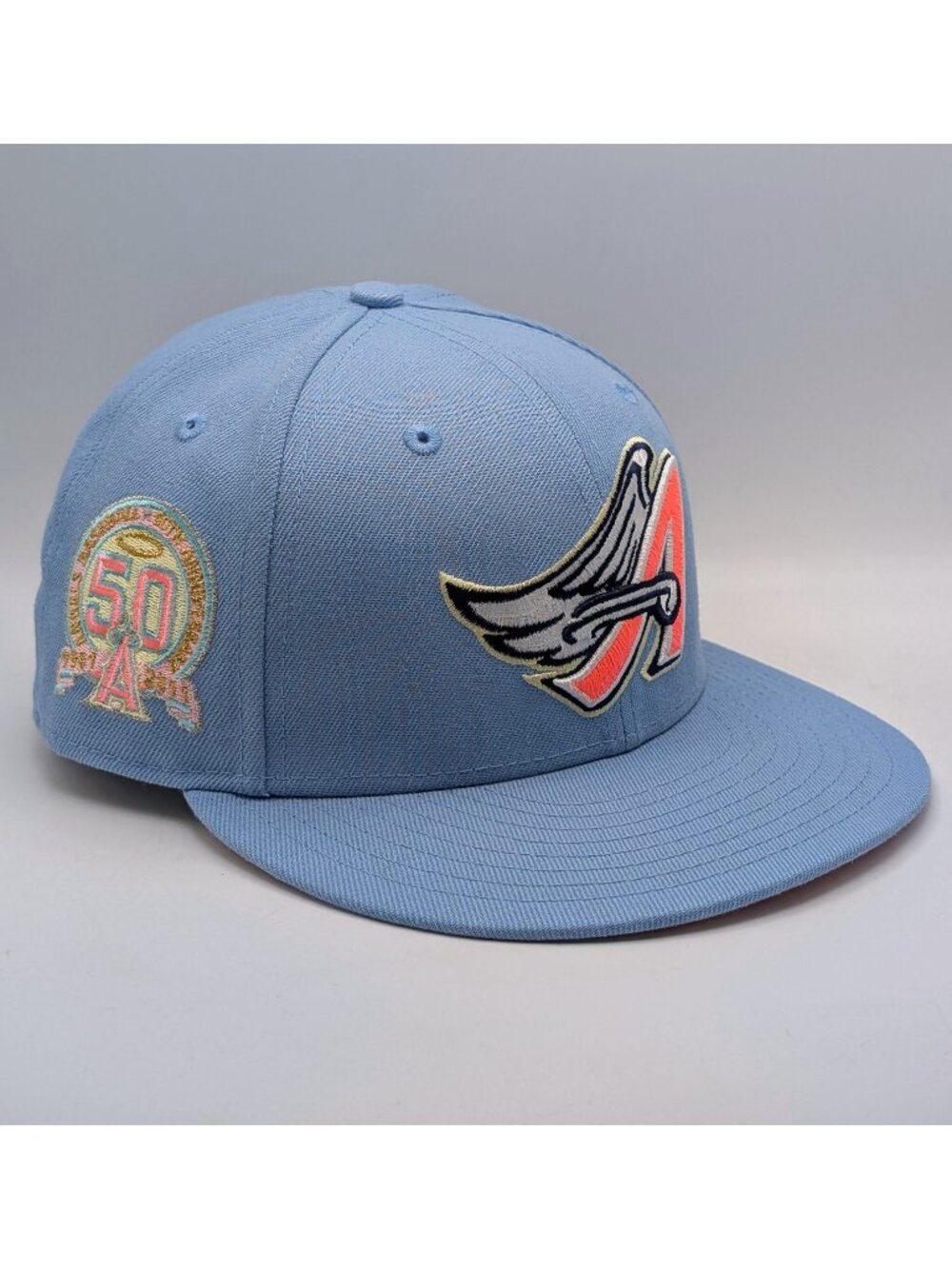 Los Angeles Angels New Era MLB 50th Cooperstown Hat Size 7 3/8 Light Blue Pink